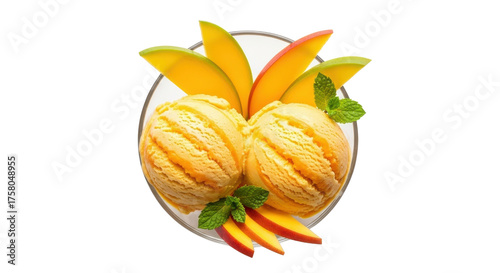 Delicious mango ice cream scoops dessert garnished with fresh mint and fruit slices isolated PNG with Transparent Background