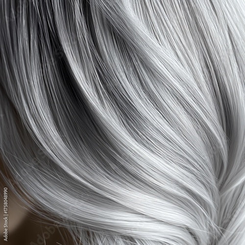 Close Up of White Hair Strands Flowing in Gentle Waves Against a Softly Blurred Background