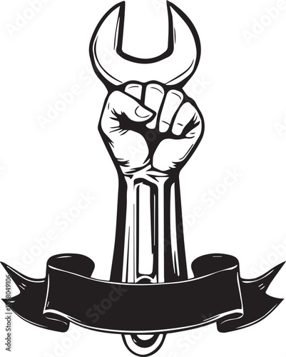 Black and white vector illustration of raised fist holding wrench with blank ribbon banner for custom text