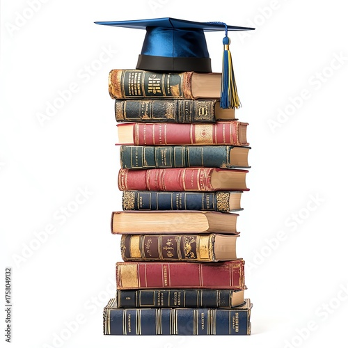 Graduation Cap Atop Stack Of Old Books Isolated White Background Studio Lighting