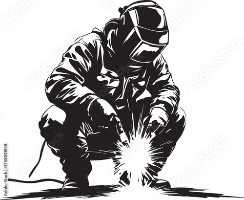 Welder in protective gear crouching with sparks, black and white vector illustration for industrial themes