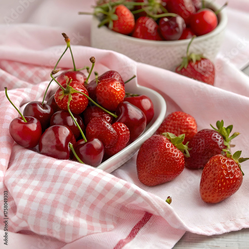 a close up shot of ripe cherries and strawberries