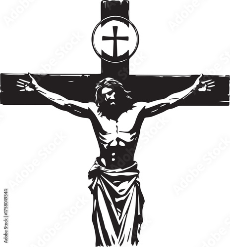Crucifixion of Jesus Christ on cross with halo symbol, black and white vector illustration for spiritual themes