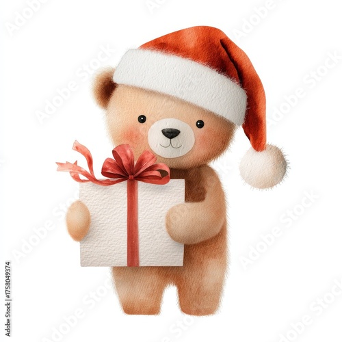Cute cartoon bear in Santa hat holding gift box with red ribbon during festive season for holiday celebrations and joyful moments