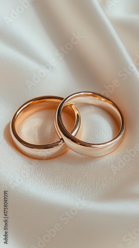 Two Elegant Rose Gold Wedding Rings Intertwined on a Soft Cream Satin Background with Gentle