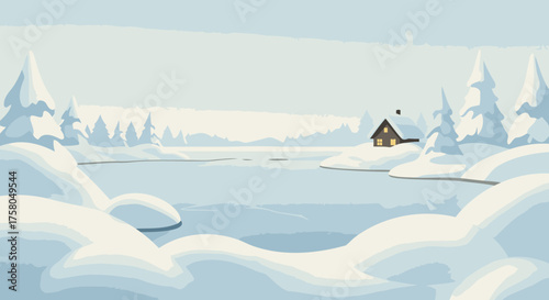 Peaceful Winter Cabin Retreat by Frozen Lake, Illustration