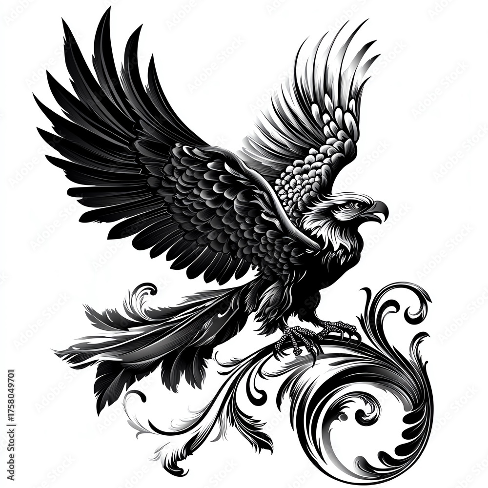 Obraz premium Intricate Black And White Eagle With Ornate Tail Feathers Perched On Swirling Filigree Detailed