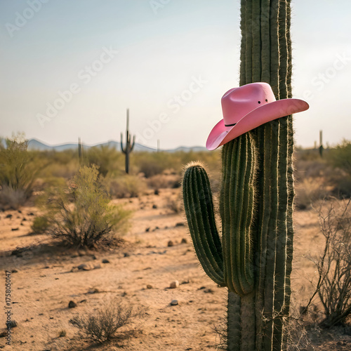 pink cowboy hat gently resting on the arm of