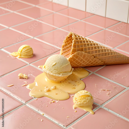 a soft yellow ice cream melting slowly over pink