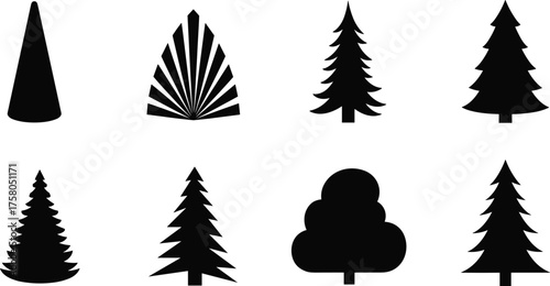 Conifer tree silhouette vector, black forest icon set, stylized pine tree illustration, abstract nature design, minimal tree shapes, graphic woodland artwork
