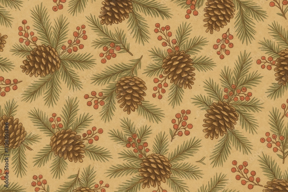 Fototapeta premium Vintage pinecone pattern illustration.