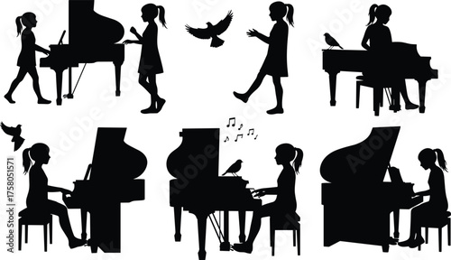 Silhouette vector illustration of girl with grand piano, birds, musical notes, harmony, creativity, inspiration, performance, art, design, nature, melody
