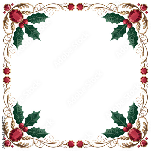 Elegant christmas holly berry and gemstone decorative border isolated on transparent background