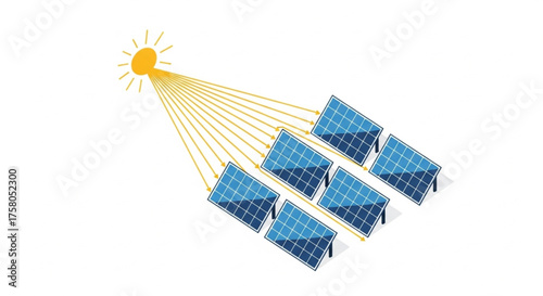 Illustration of sunlight rays directed onto blue solar panels, generating clean and sustainable energy. Perfect for clean technology and eco campaigns.
