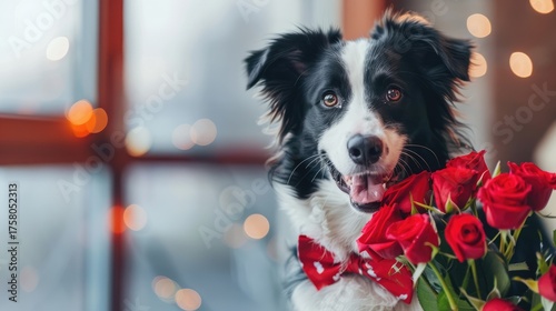 A playful border collie holding a bouquet of red roses, set against a softly blurred indoor background with lights