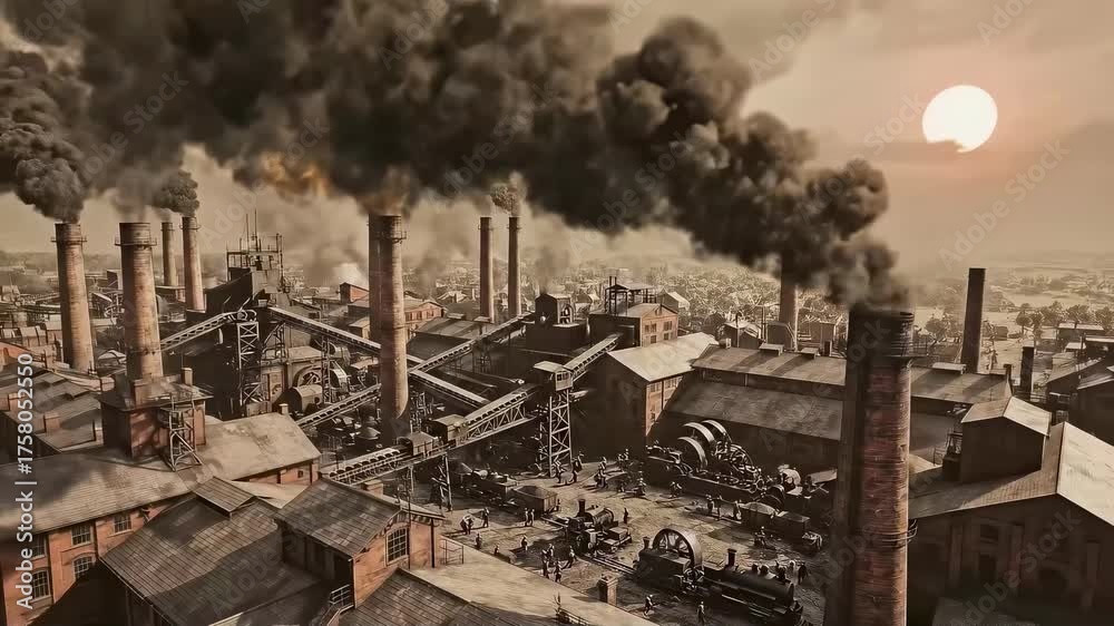 An industrial factory from the 1880s steam engine era, with tall ...