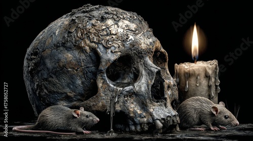 Human skull with melting candle dripping wax and rat climbing behind, dark background with ultra realistic cinematic lighting and high contrast, horror and macabre theme