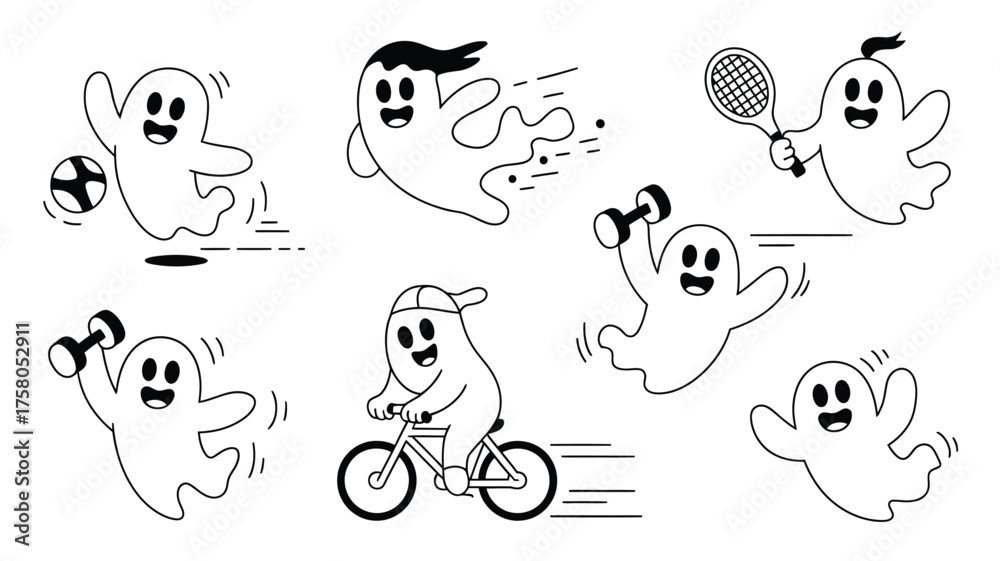 Fototapeta premium A collection of active ghosts engaging in various sports and fitness activities in line art style silhouette