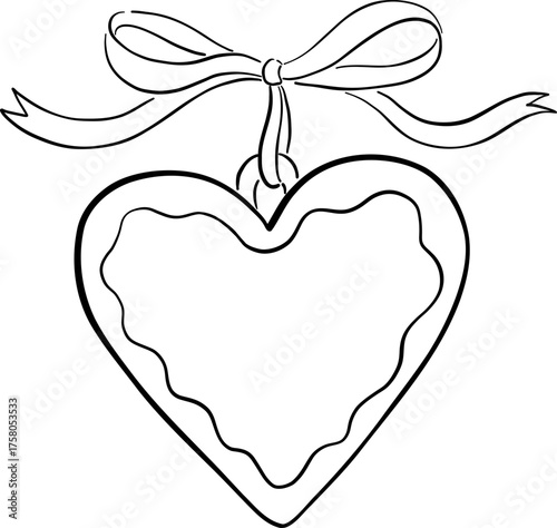 Hand Drawn Heart Locket With Ribbon Bow Outline, Whimsical Wedding Doodle Illustration