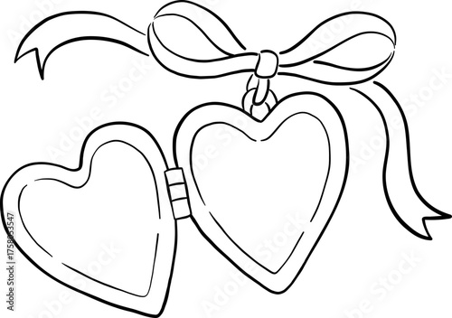 Hand Drawn Heart Locket With Ribbon Bow Outline, Whimsical Wedding Doodle Illustration