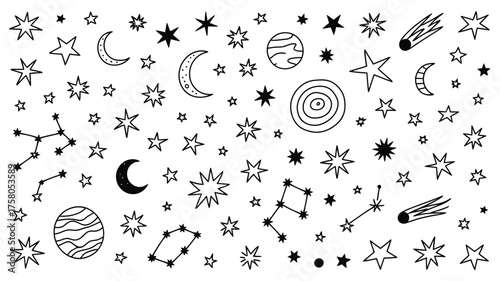 A seamless pattern of hand drawn stars constellations comets and planets on a white background surface silhouette
