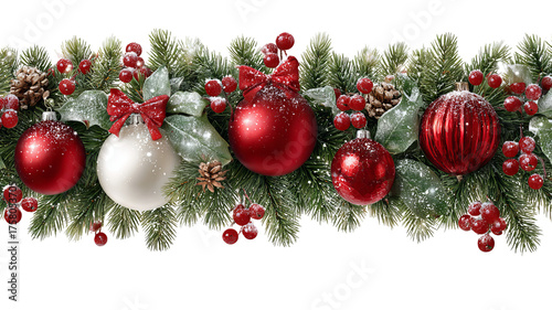 Christmas garland border with ornaments and red berries on white background festive winter decoration high resolution PNG style frame for greeting card banner and design projects
