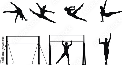 Silhouette vector illustration of gymnasts performing routines with apparatus, showcasing strength, balance, flexibility, acrobatics, athletic poses, competition, and artistry
