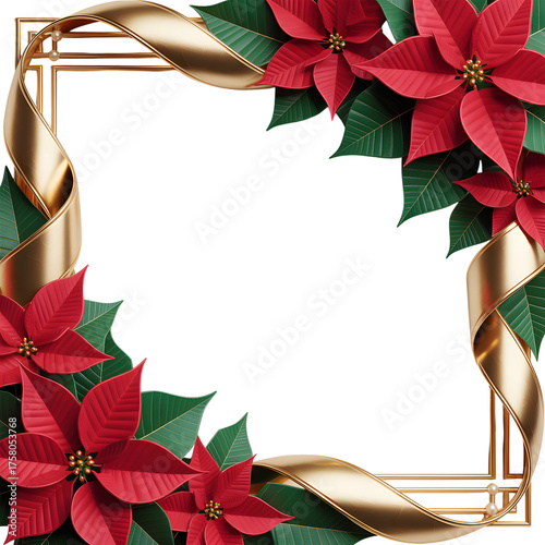 Festive red poinsettias and golden ribbon border frame with copy space isolated on transparent background