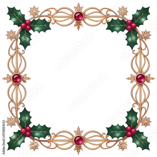 Ornate golden christmas wreath border with holly berries and red jewels isolated on transparent background