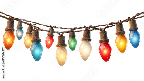 A string of colorful vintage christmas lights hanging isolated on white background high resolution png style festive retro illumination garland for decoration design and holiday projects