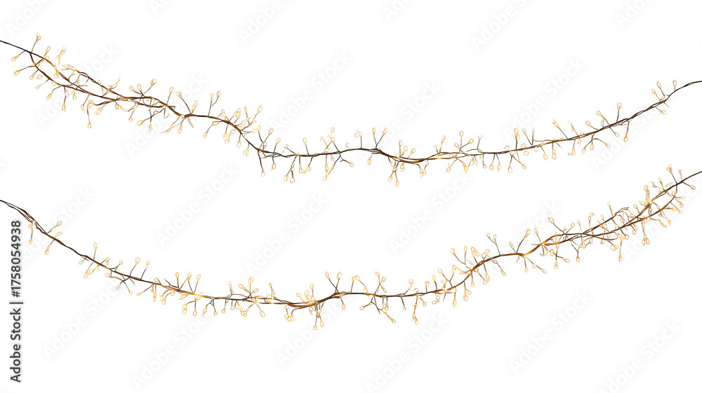 Obraz premium Two strands of warm white string lights isolated on transparent background high resolution PNG clipart LED fairy garland for holiday cards invitations and web