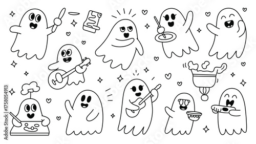 A collection of cartoon ghosts playing musical instruments and doing other activities in black and white silhouette