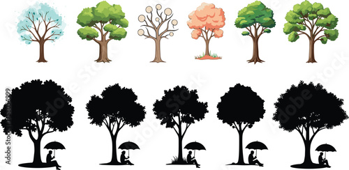Stylized tree and silhouette vector illustration, umbrella person under tree, seasonal foliage art, nature-inspired design for concept, decor, and storytelling visuals