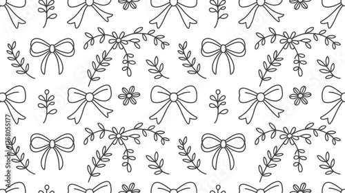 Seamless pattern with bows flowers and branches in doodle style on a white background design element silhouette