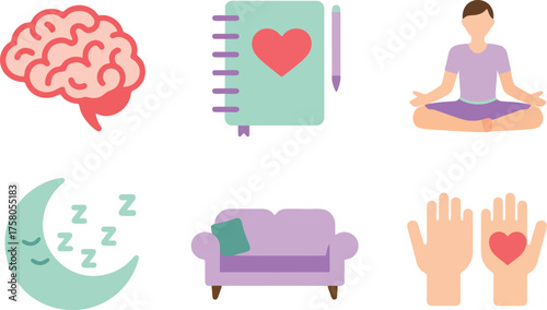 Mental well being concept featuring brain notebook meditation moon couch hands with heart on transparent background