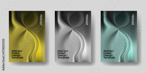 Abstract metallic gradient poster design template with smooth liquid wave texture, vertical stripe pattern, modern chrome fluid shape background, futuristic 3D flow art minimal gradient. 