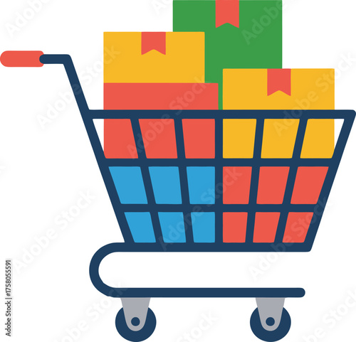 Shopping cart filled with colorful merchandise boxes, a flat icon design