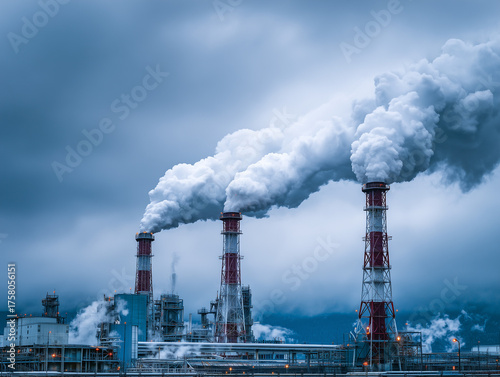 Industrial Smokestacks Emitting Heavy Pollution into Atmosphere, 대기 중으로 심각한 오염 물질을 배출하는 산업용 굴뚝