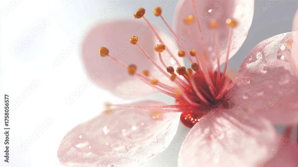 Fototapeta premium Close up of a delicate pink flower with water droplets against a white backdrop