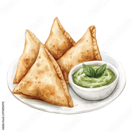 Delicious golden samosas served with a vibrant green dipping sauce.