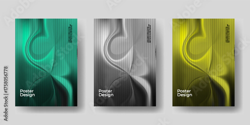 Abstract metallic gradient poster design template with smooth liquid wave texture, vertical stripe pattern, modern chrome fluid shape background, futuristic 3D flow art minimal gradient. 