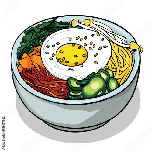 Delicious Korean Bibimbap Bowl with Sunny Side Up Egg and Vegetables.