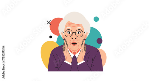 An elderly woman with glasses expresses surprise with her mouth open.