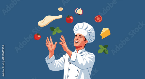 A smiling chef expertly juggles pizza dough and fresh ingredients with enthusiasm.