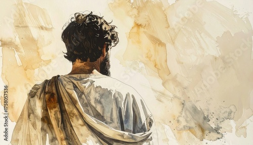 Watercolor artistic image of early 20's age, shepherd david from the bible, from behind, up close, over shoulder, praying.