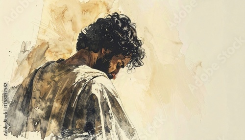 Watercolor artistic image of early 20's age, shepherd david from the bible, from behind, up close, over shoulder, praying.
