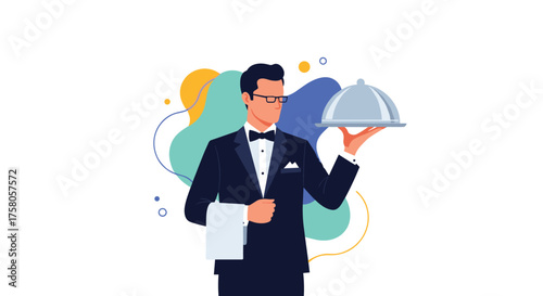A well dressed waiter holds a silver serving tray with a cloche over abstract colorful shapes.