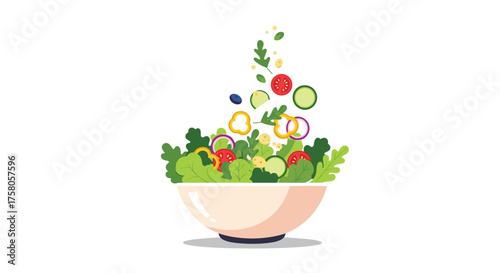 A vibrant bowl of fresh salad with colorful ingredients flying in.