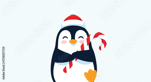 A cute cartoon penguin wearing a santa hat and holding a candy cane during winter.