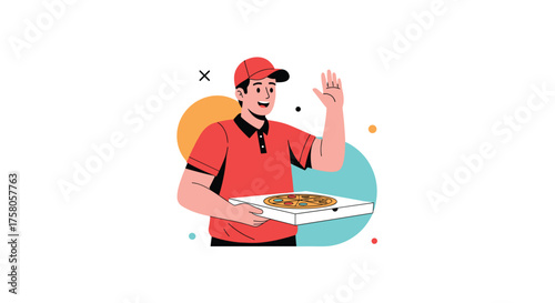 A smiling delivery person holding a pizza box waves hello to the customer.
